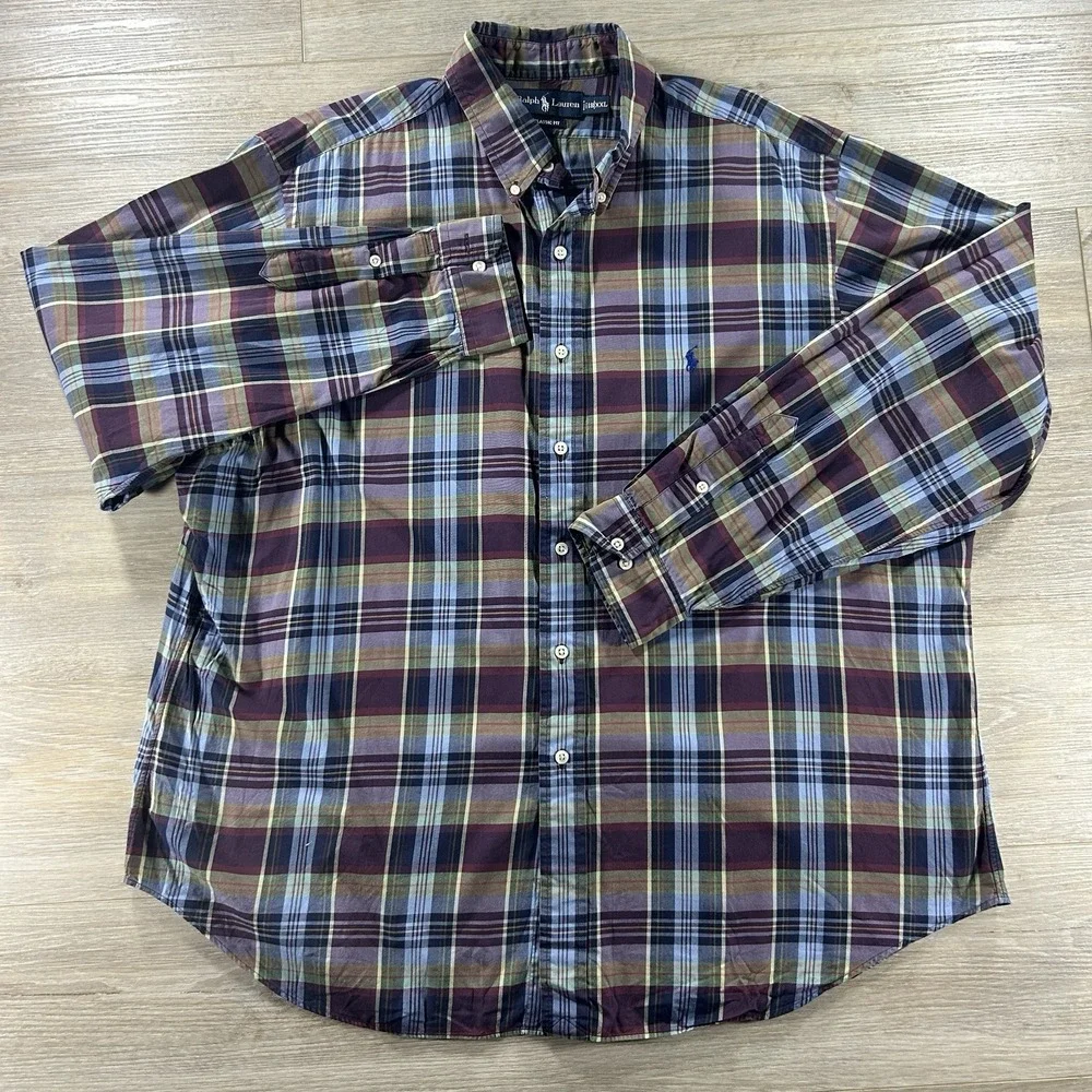 Ralph Lauren 18 XXL Classic Fit Long Sleeve Plaid Button Down Preppy Blue Pony